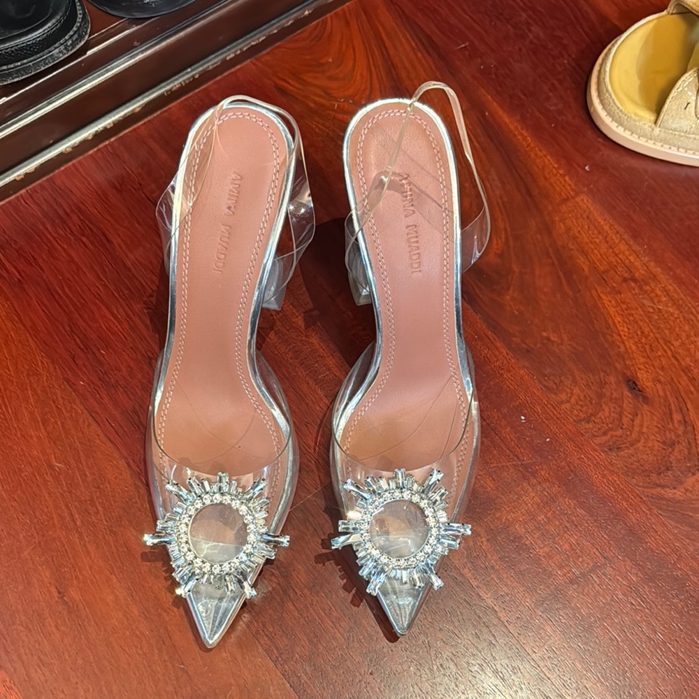 Amina Muaddi clear Heels with Crystal Embellishments